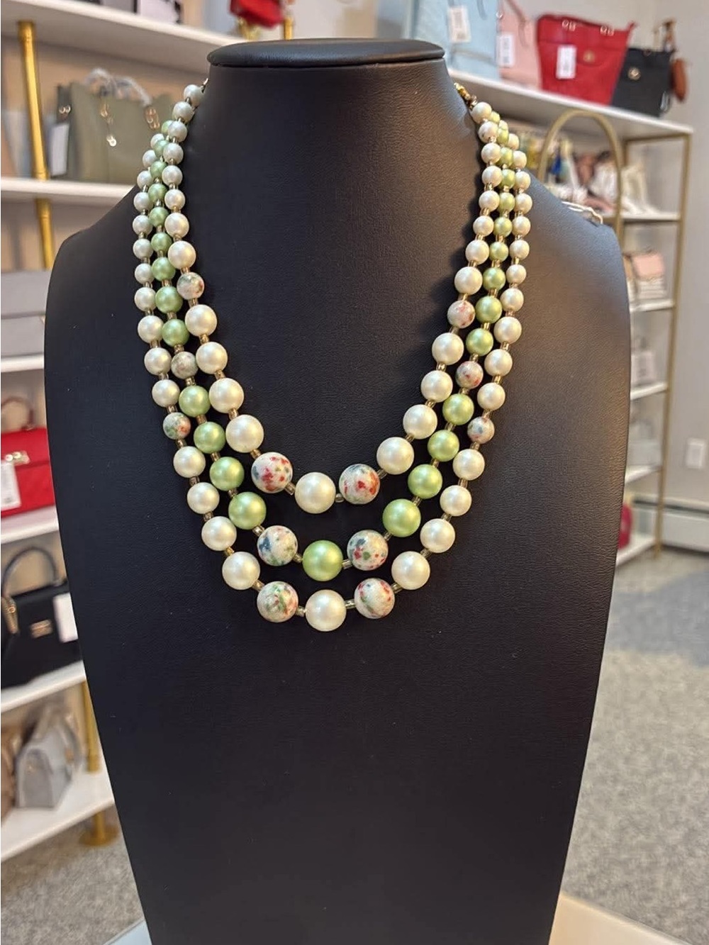 JAPAN triple-Strand Green & Multicolor Faux Pearl Necklace